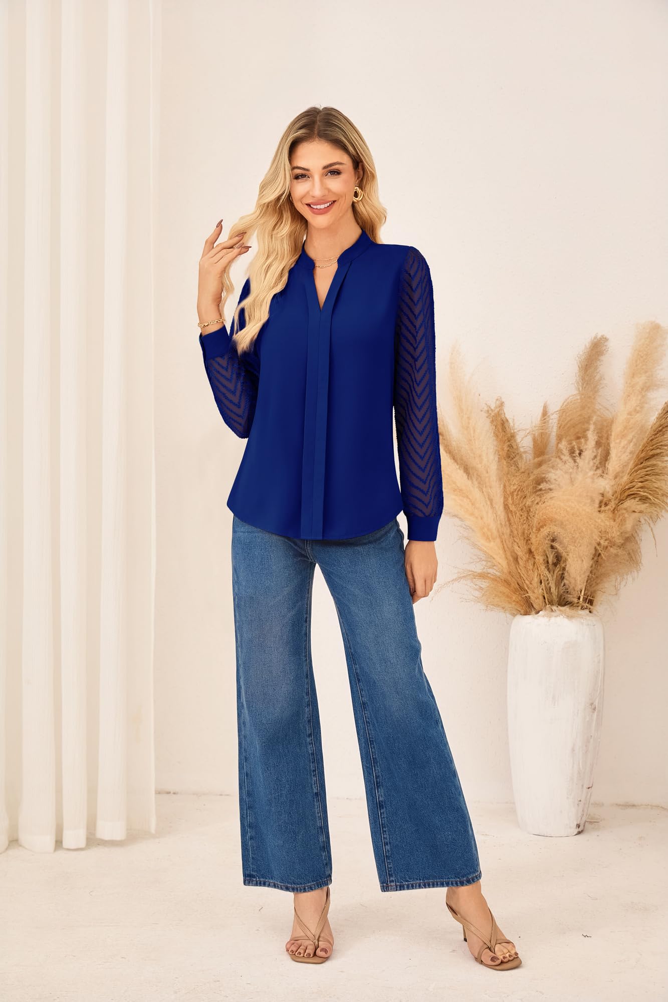 GRACE KARIN Blusa elegante para mujer, con textura, mangas semitransparentes, camisa clásica Henry con cuello en V