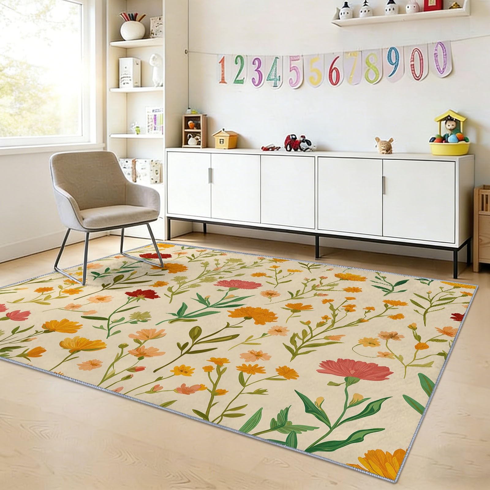 Générique Tapis Salon Lavable Beige, Tapis de Chambre à Poils Courts Rustique Fleuri Feuilles Vertes Nature, Antidérapant Doux Idéal pour Couloir Bureau Salle De Bain, 160 x 230 cm