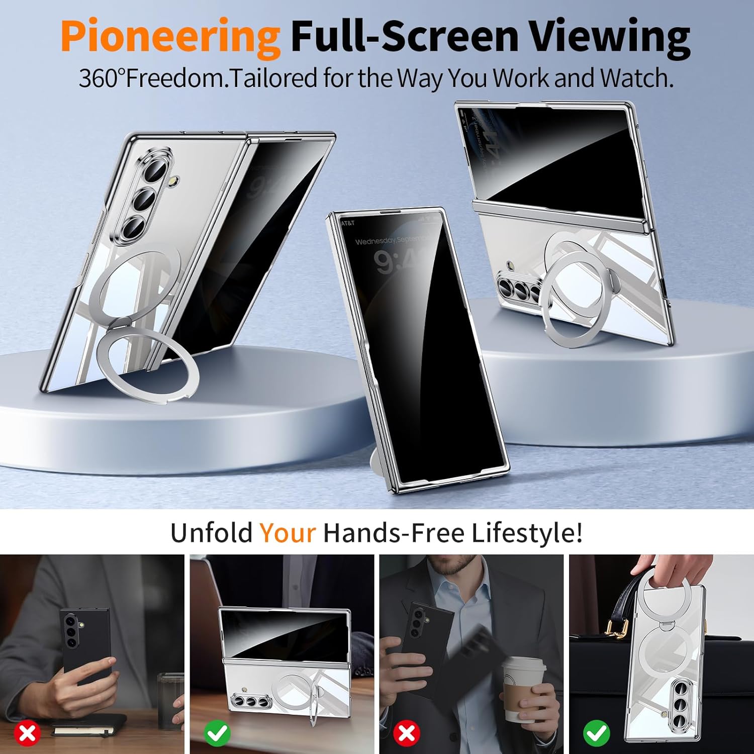 Magnetic for Samsung Galaxy Z Fold 7 Case Clear [Hinge Protection] Built-in [ Privacy Screen Protector] [Fit for MagSafe] Zfold 7 Case with Kickstand & Ring Holder Silver