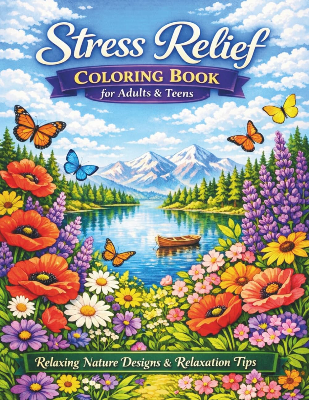 Stress Relief Coloring Book For Adults & Teens: 50+ Relaxing Scenes with Tranquil Moments, Serene Landscapes & Beautiful Flowers Plus Relaxation Tips