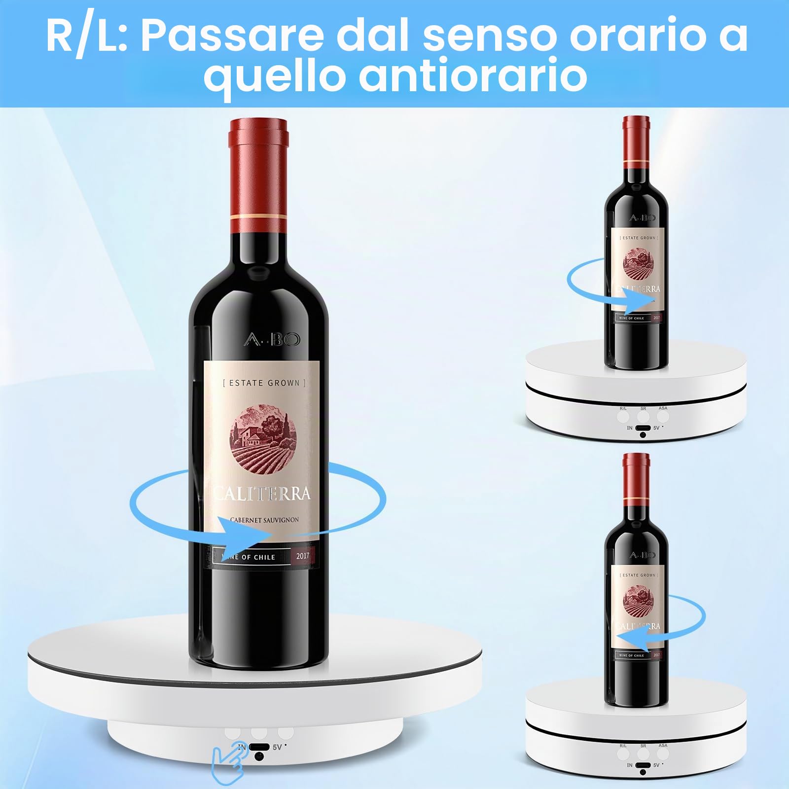 Piattaforma Girevole Elettrica 360°,Piattaforma Rotante Automatica USB per Gioielli,Orologi,Prodotti Digitali,Velocità Regolabile Espositore Girevole Elettrico con 2 Pannelli di Sfondo (Bianco)