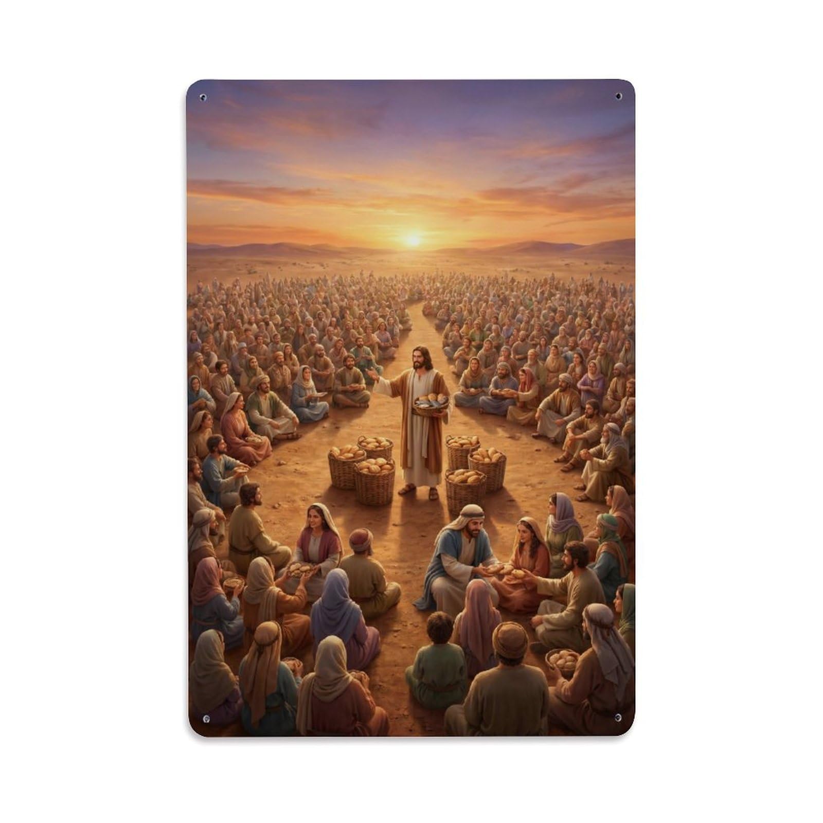 Jesus Miracle Feeding Four Thousand Bible Crowd Gospel Metal Tin Sign Plaque Wall Decor for Cafe, Man Cave, Club Bar, Office, Home Garden Round Metal Poster 8x12Inch