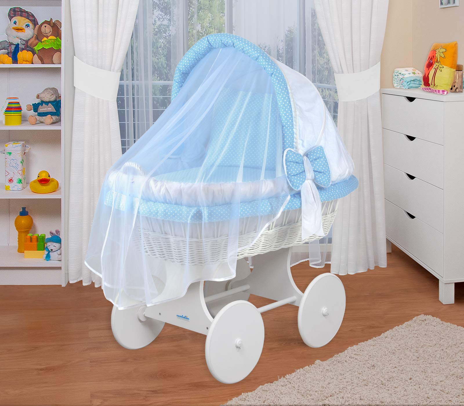 WALDIN Culla con cappotta e ruote XXL, telaio bianco, tessile bianco/blu