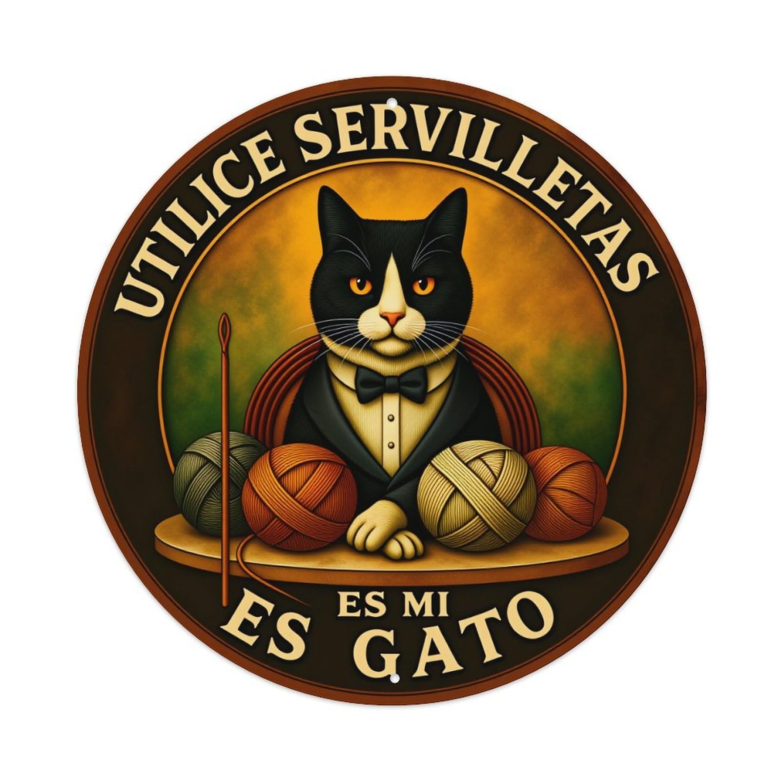 Cat In Tuxedo With Yarn Metal Tin Sign Vintage Garden Bedroom Cafe Bar Man Cave Home Wall Decor Metal Poster 8x8 inches