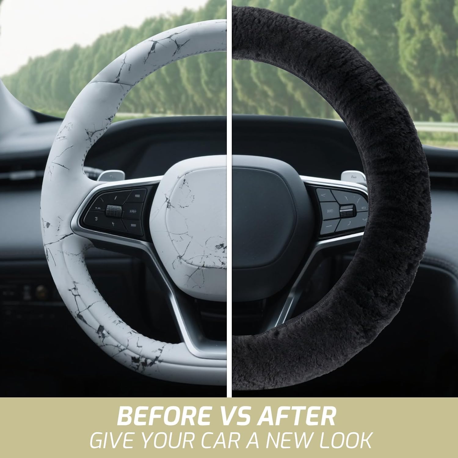 AEGIS Cover Sheepskin Steering Wheel Cover Premium Luxury AUS Genuine Merino Wool All-Season Non-Slip for Cars Fits 14.5-15.5" Wheels (Black)