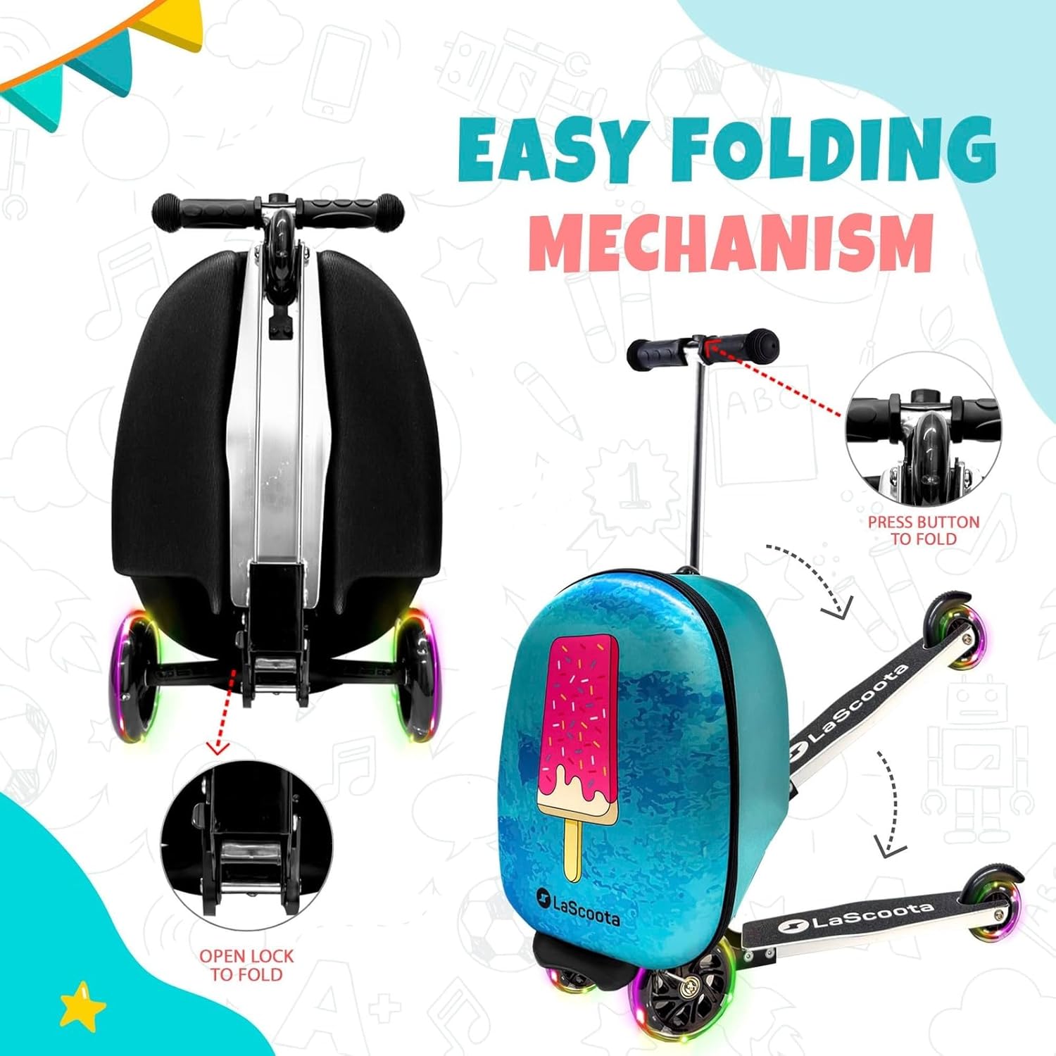 Lascoota Foldable Ride-On Suitcase - Lightweight Luggage with Easy-Glide Wheels - LED Lights for Kid Suitcase - Foldable Luggage Converts to Ride-On - Video Game, Unisex Child, 12.75 x 20.6 x 10.6 in