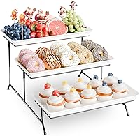 Vista 13 de Juego de bandejas de melamina extra grandes de 3 niveles y soporte para cupcakes para eventos de fiesta, platos de 17 pulgadas con soporte Negro