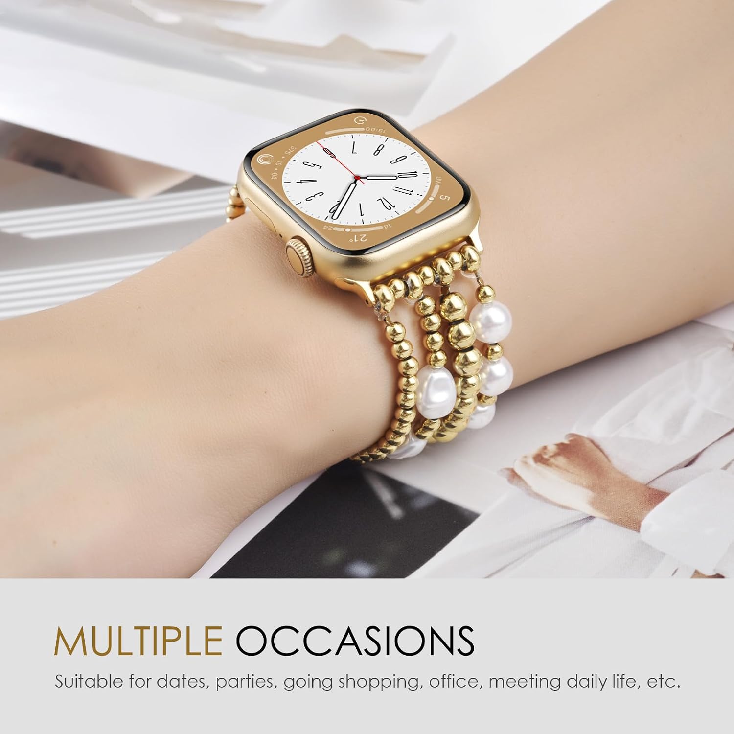 AIRSPO Gold Beaded Bracelets Compatible for Apple Watch Band 38mm 40mm 41mm 42mm Women, Fashion Handmade Dressy iPhone Watch Bands Stainless Steel Beads Elastic Strap for iWatch Series 11 10 9 SE 8 7 6 5 4 3 2 1 (Cross White) image 3