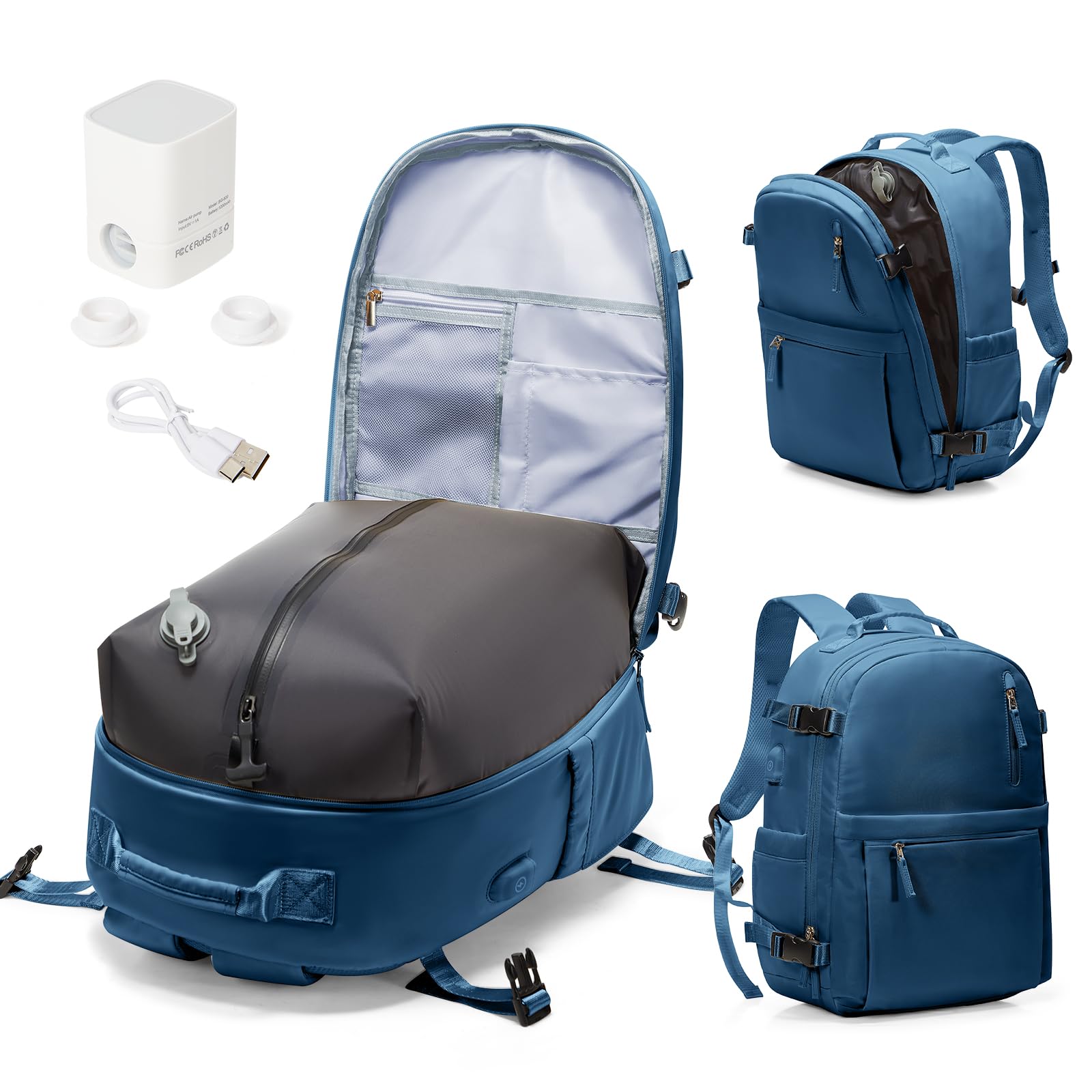 Mochila Viaje al Vacio con Bomba, Impermeable Mochila Viaje Cabina Avion Ryanair, Equipaje de Mano de Viaje Maletas Easyjet para Mujer Hombre(Azul)