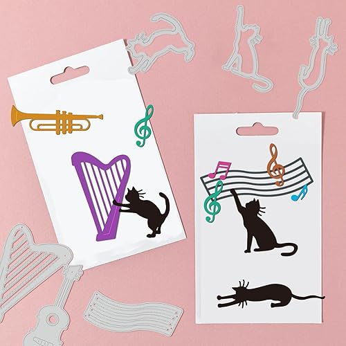 Miniatura 3 de GLOBLELAND Troqueles de corte con tema de gato, múltiples instrumentos musicales, plantillas de troqueles de corte de metal, plantilla de estampado