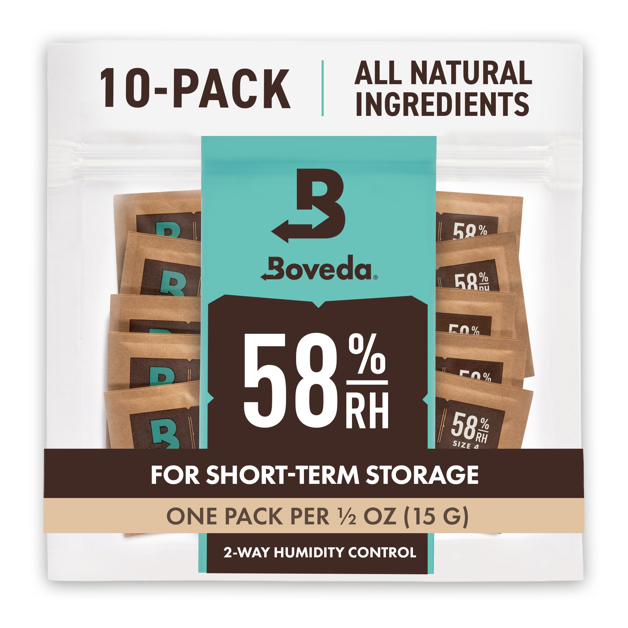 Boveda58% Two-Way Humidity Control Packs For Storing ½ oz – Size 4 – 10 Pack – Moisture Absorbers for Small Storage Containers – Humidifier Packs – Hydration Packets in Resealable Bag