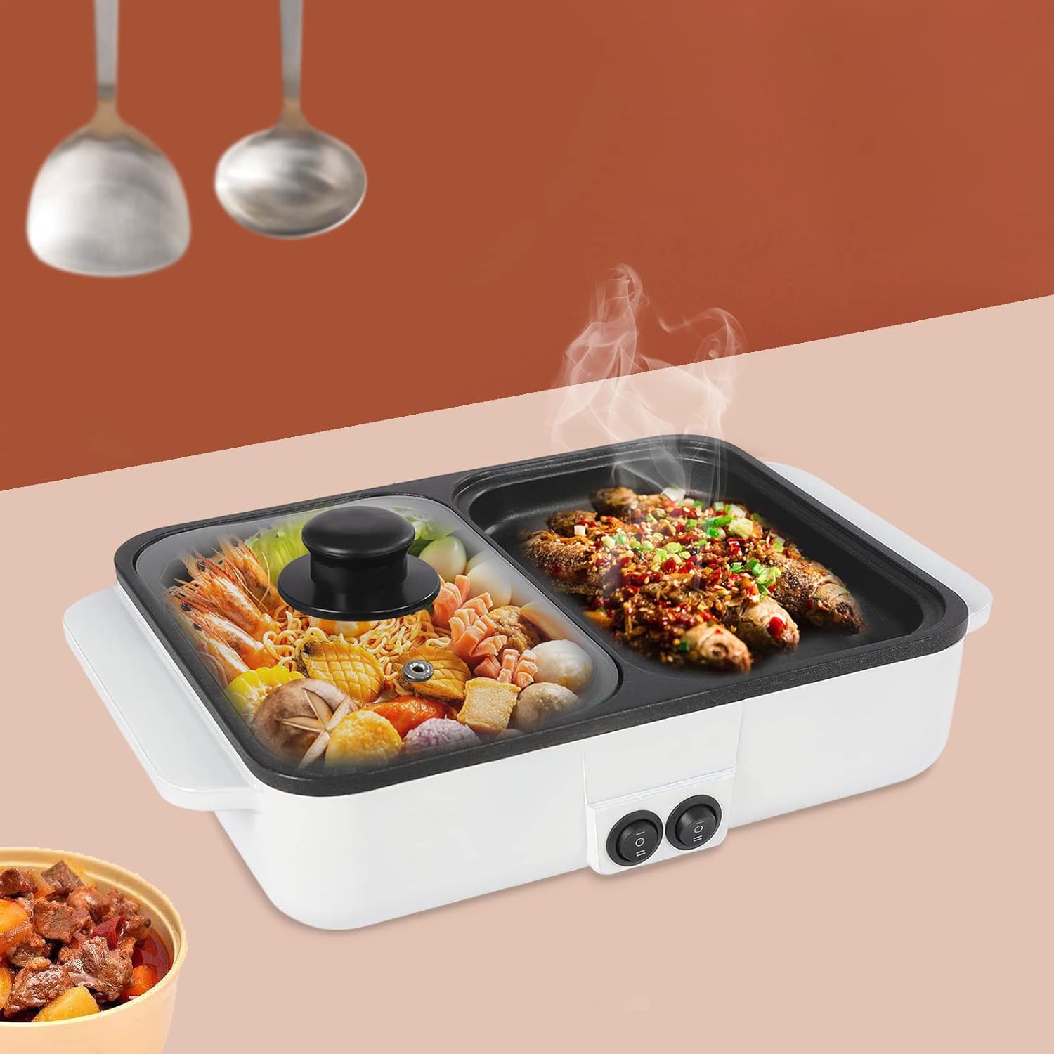 Hot Pot with Grill, Electric Hot Pot and Frying Pan, Shabu Shabu Pot with Grill, 2