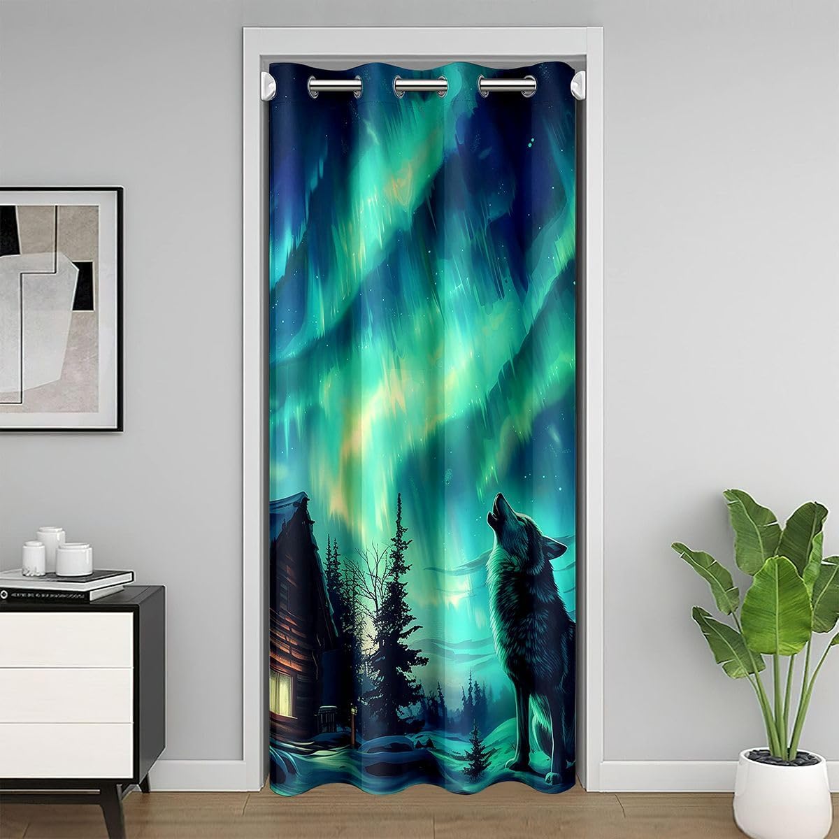 Erosebridal Aurora Wolf Doorway Curtains Privacy for Teens Youth - Cool Wolf Wildlife Blackout Curtain Gradient Aurora Galaxy Closet Door Curtain Mystical Forest Lake Room Divider Drape 42" W x 80" L