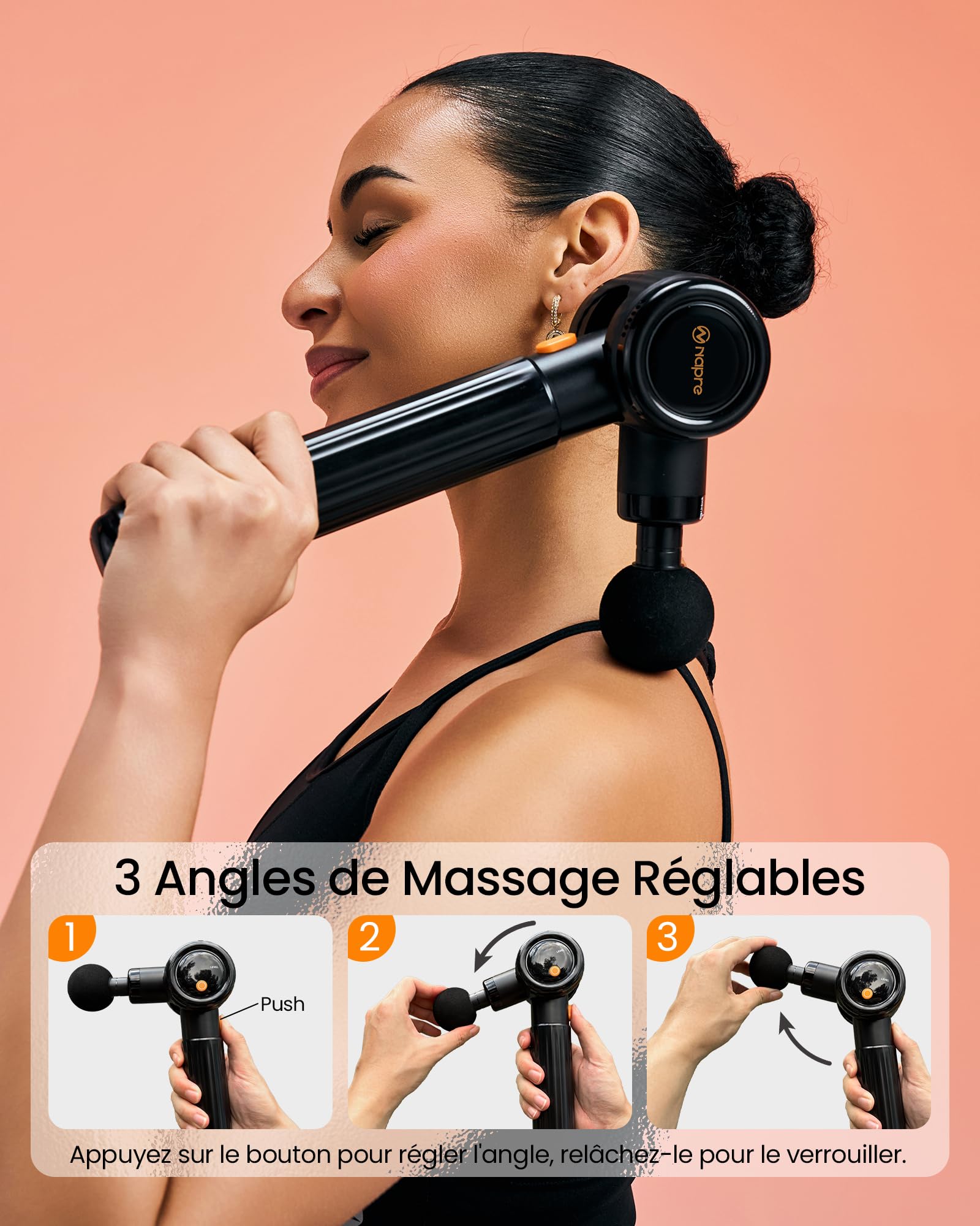Pistolet de Massage Musculaire,Napre Pistolet de Massage avec Poignée étendue et 3 Angles Réglables,Pistolet Massage Pistolet Massage Musculaire Massage Gun Pour Dos épaules, Jambes, Muscles,Noir