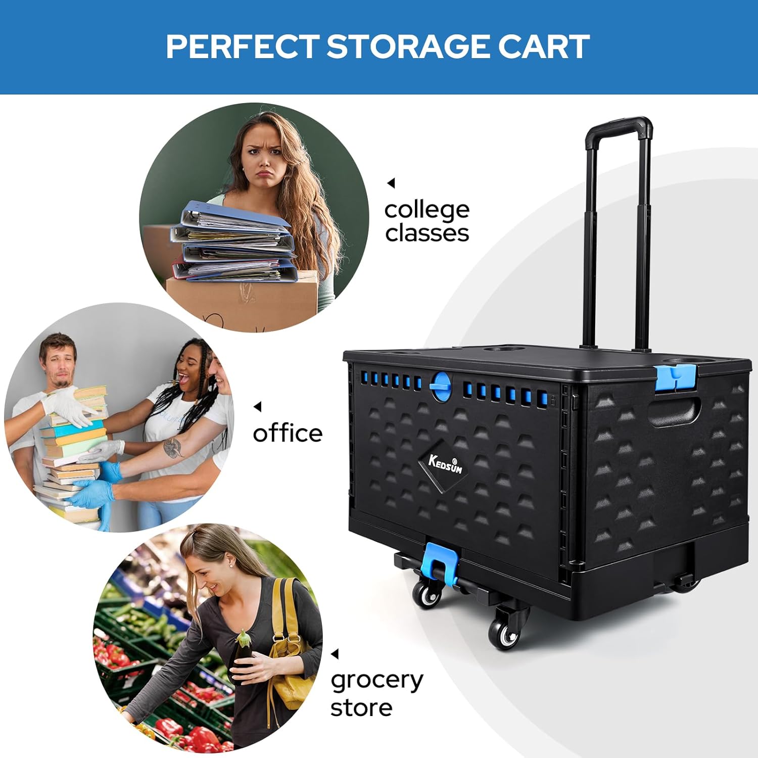 Condition photo showing New/Like New for kedsum 2 in 1 teacher cart with 4 wheels, durable removable rolling crate with cover, 290 lbs rolling cart for teacher, office, grocery, load-bearing collapsible tool box, 360° swivel wheels