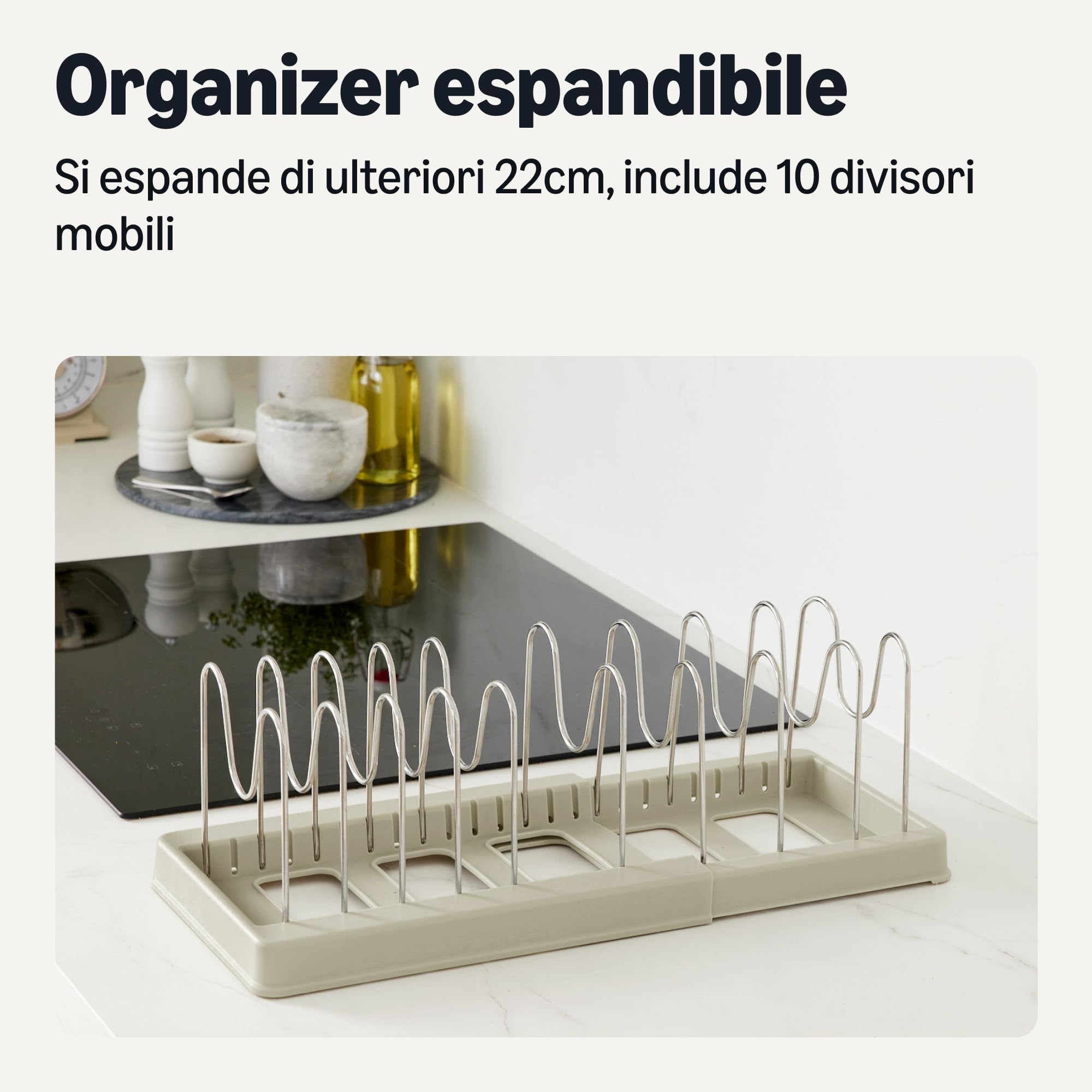 Amazon Basics Organizer per Pentole e Teglie, Include 10 Divisori, in Acciaio Inox, Espandibile da 31cm a 53cm