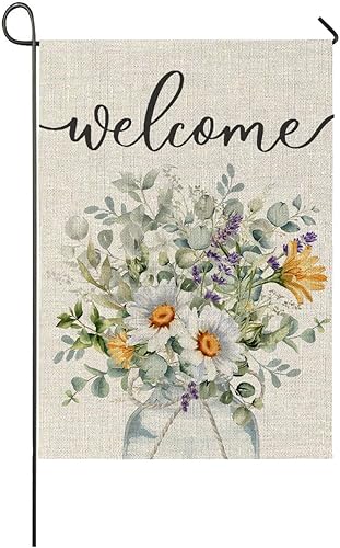 Banderas de jardín de flores de bienvenida para exteriores, decoración de jardín de margaritas en acuarela de primavera, decoración pequeña de