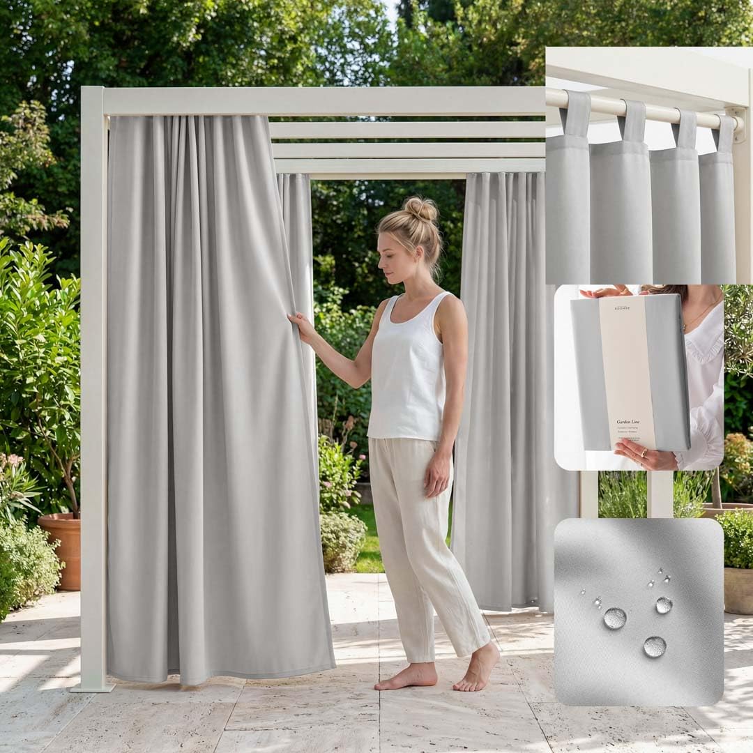 ROOM99 Garden Line Outdoor Curtain with Loops, 155 x 200 cm Width x Height Outdoor Curtain, Weatherproof, Waterproof Privacy Screen, Sun Protection Curtains, Garden, Windproof, Light Grey