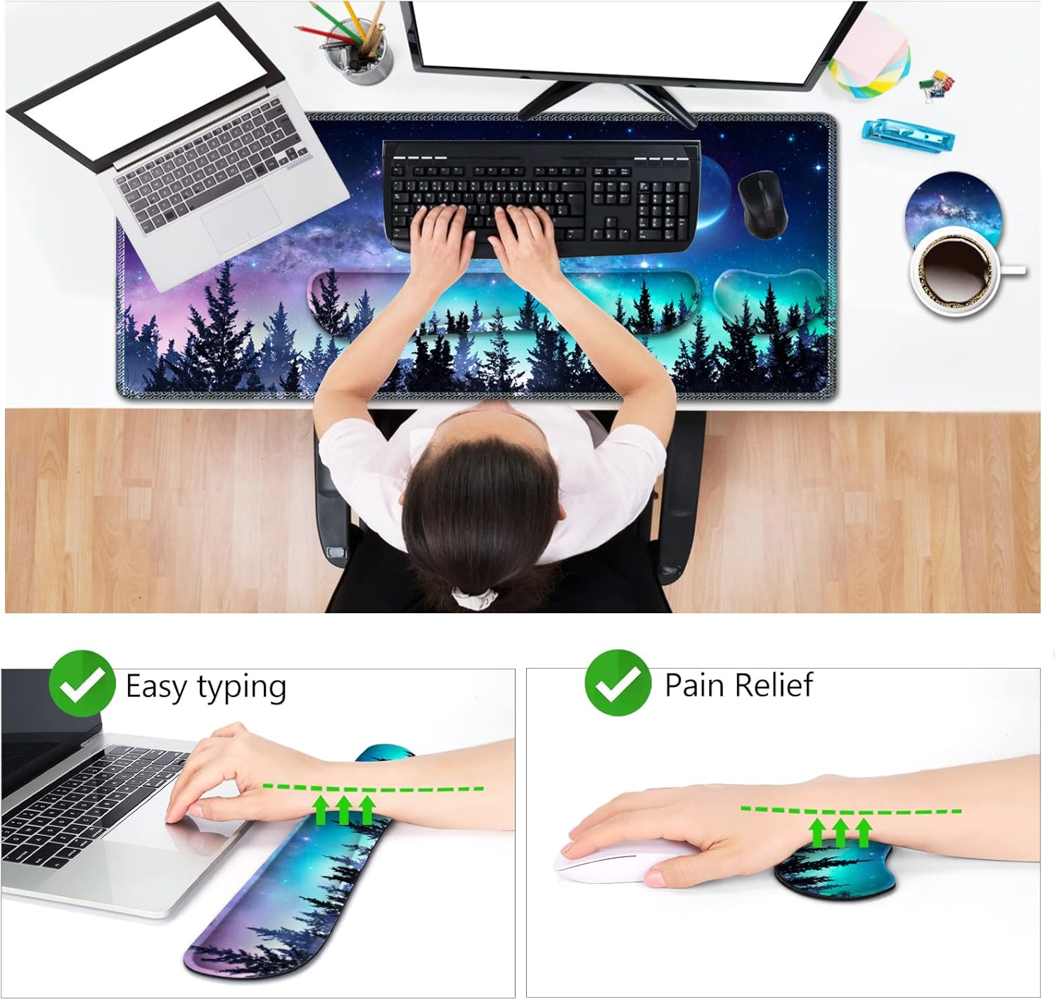 AIMSA Large Gaming Mouse Pad Set, Keyboard Wrist Rest Support + Extended Mouse Pad + Mouse Wrist Cushion + Coaster, Ergonomic Memory Foam Multifunctional Desk Mat 35x15.7inch (Forest Moon Sky) - Image 3
