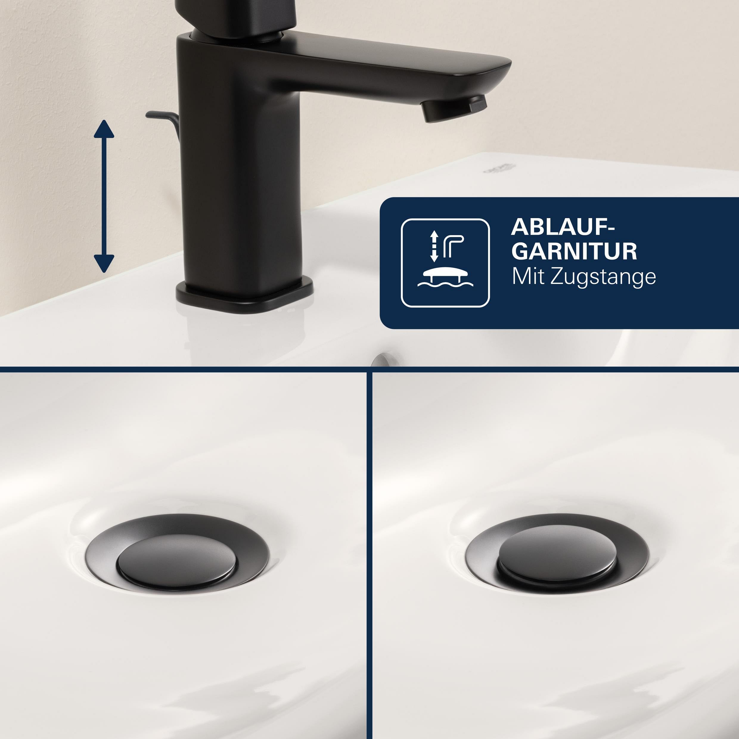 GROHE StartEdge, Bidetarmatur, wassersparend (WC Dusche für die Toilette im Bad, Kugelgelenk-Mousseur, mit Zugstangen-Ablauf, 13cm hoch, inkl 3in1 Tool, einfache Installation), mattschwarz, 233452431