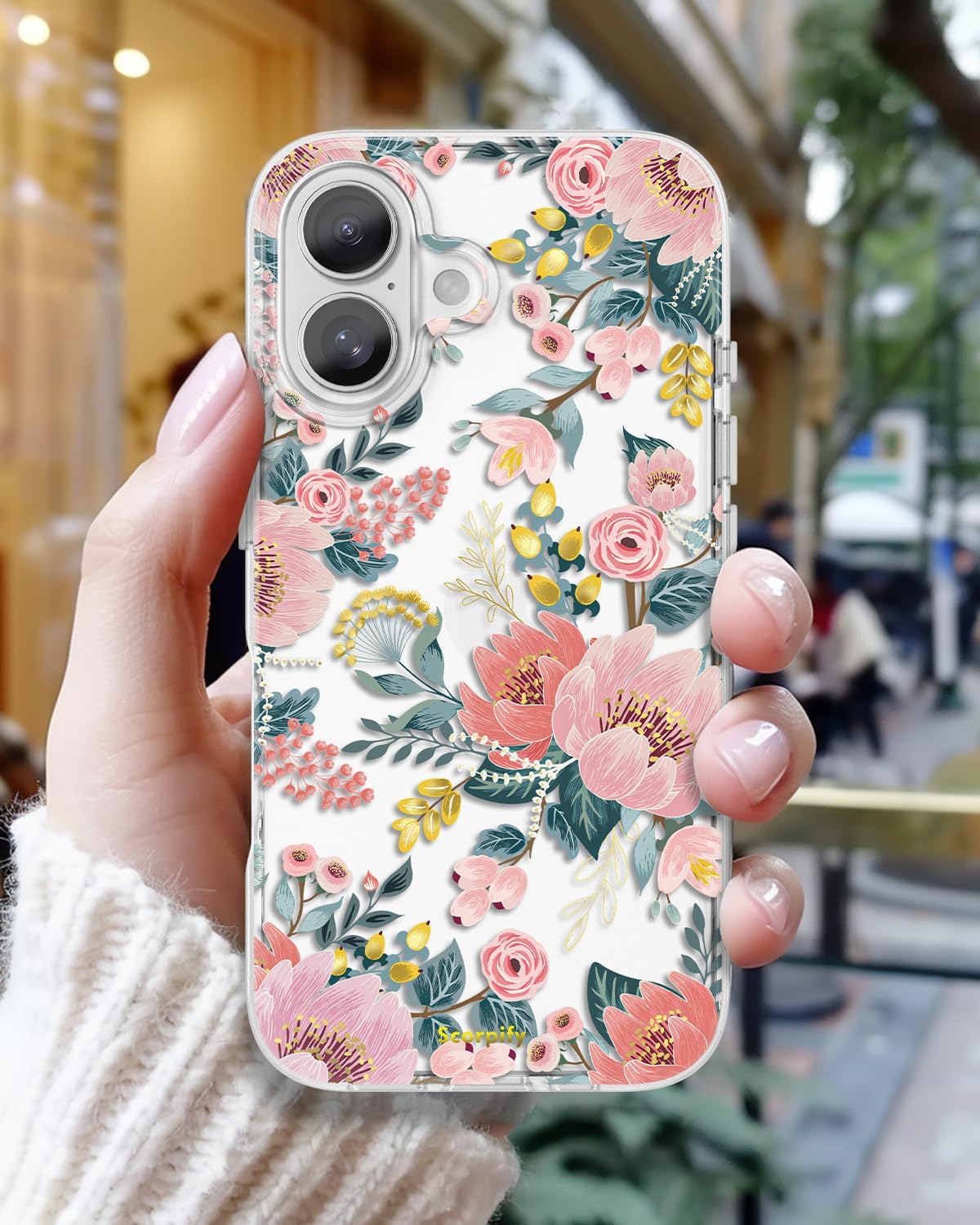 SCORPIFY for iPhone 16 Case with Pink Epiphyllum Floral Design, Cute Clear Flower Phone Cover for Women Girls [10FT MIL-Grade Drop Protection] [Non Yellowing] Slim Bumper with Gold Accents