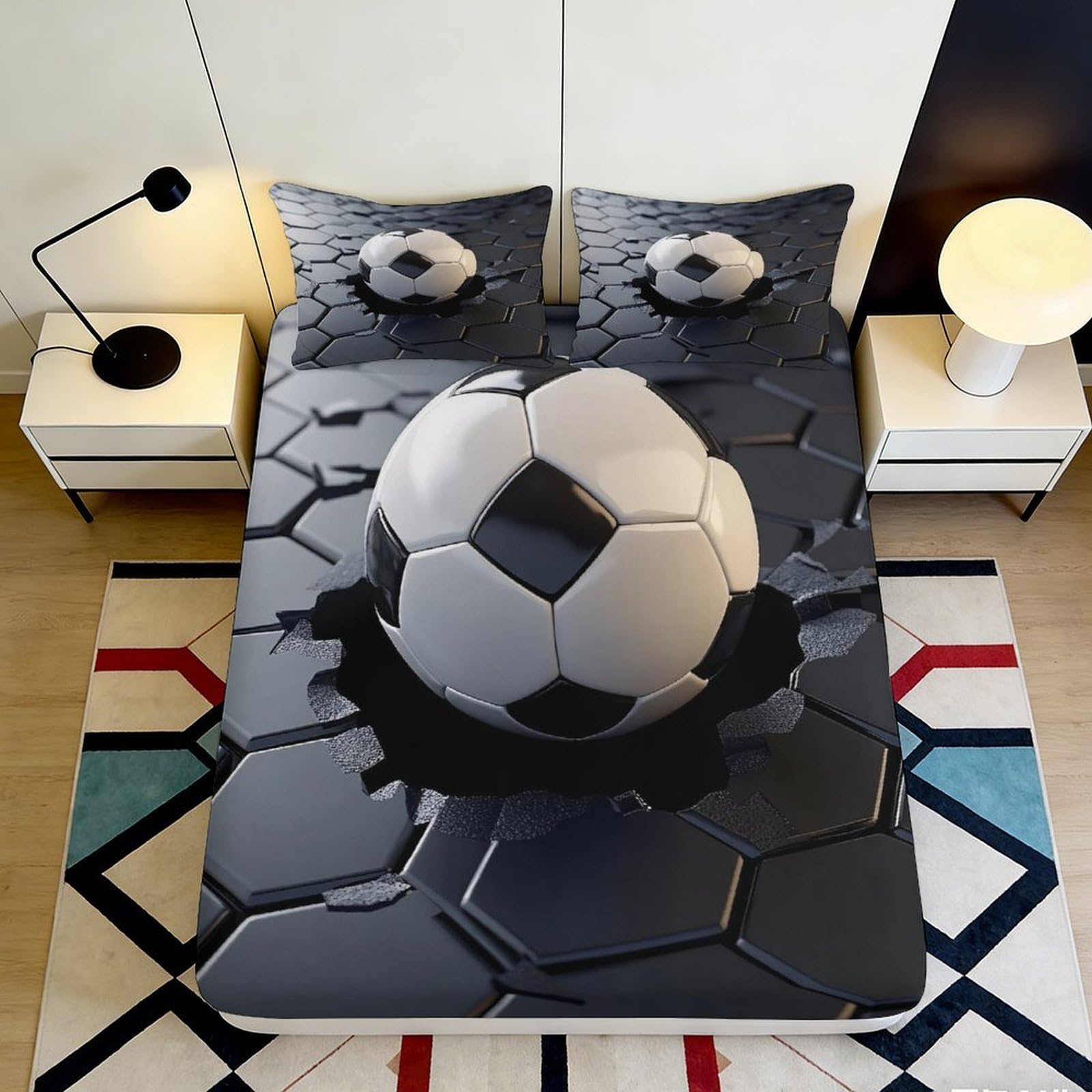 3D Printed Soccer Ball Fitted Sheet Microfiber Soft Breathable Football Pattern Mattress Cover for Bedroom Dormitory Guest Room Mattress Protection 120x200x25cm