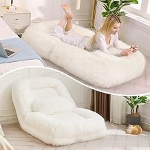 Adjustable Plush Human Dog Bed Lounger for Adult, 5-Position Foldable Lazy Lounge Sofa, Large Size Bean Bag Chair with Pillow, Folding Floor Chair for Living Room, Bedroom, Gaming Room, Beige