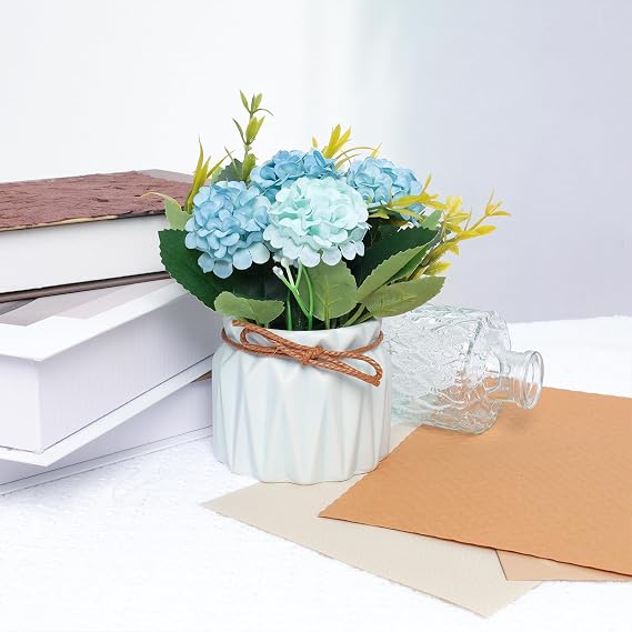 Fumwase Artificial Hydrangea Bouquet with Small Ceramic Vase Artificial Flower Plants Mini Fake Hydrangea Flowers Decoration Indoor for Home Office Table Bedroom Living Room Party (Blue)