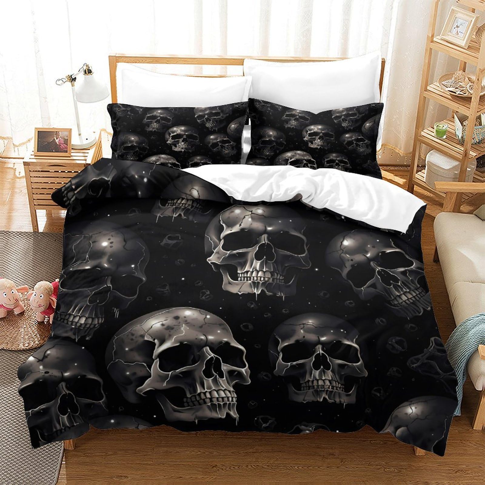 Gothic skullSet Di Copripiumino morbida Set di 3 Pezzi stampa 3D con cerniera Dark horror pattern copripiumino con federa traspirante ultra morbido e traspirante for bambini Super king（260x220cm）