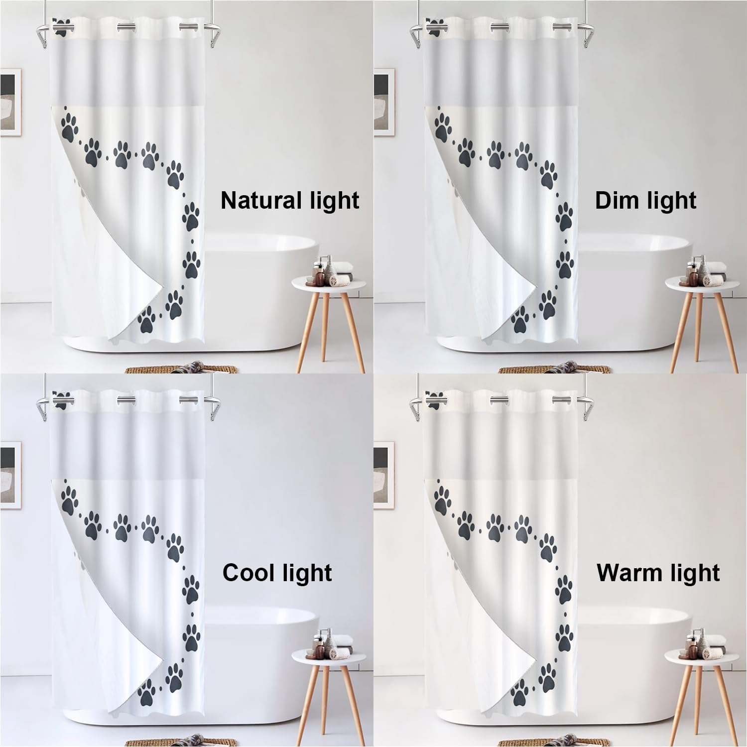 Shrahala Dog Animal No Hooks Shower Curtain with Snap in Liner Set, Black Paw Print Pattern Bathroom Décor Polyester Fiber Waterproof for Stall Bathtubs 35.5 X 74 in