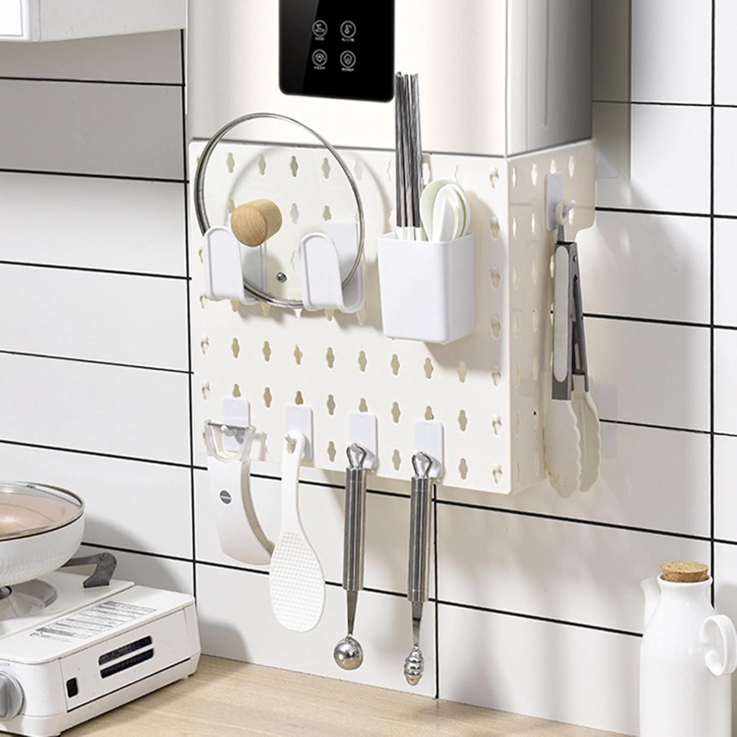 Yosoo Gas Water Heater Pipe Cover Storage Rack, No Punch Installation, Adhesive Pads, Load Bearing Capacity, PET Material, Protects Kitchen Gas Shielding Cover (L)