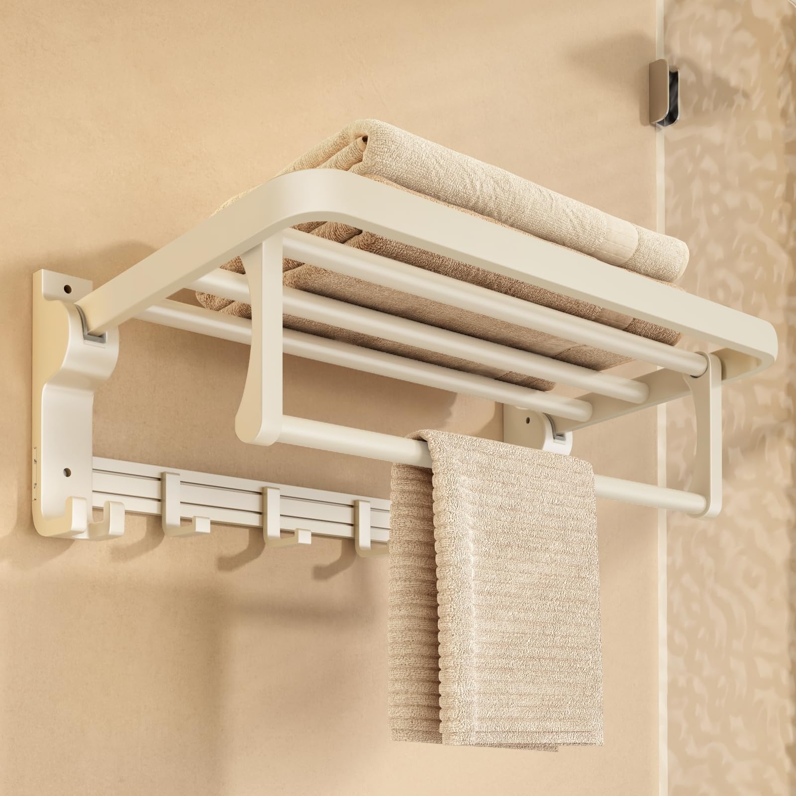 VOLPONE 24-Inch Towel Rack, Bathroom Towel Shelf with Towel Bar Foldable Towel Storage Organizer for Bathroom & Lavatory Wall Mounted ?Cream White?