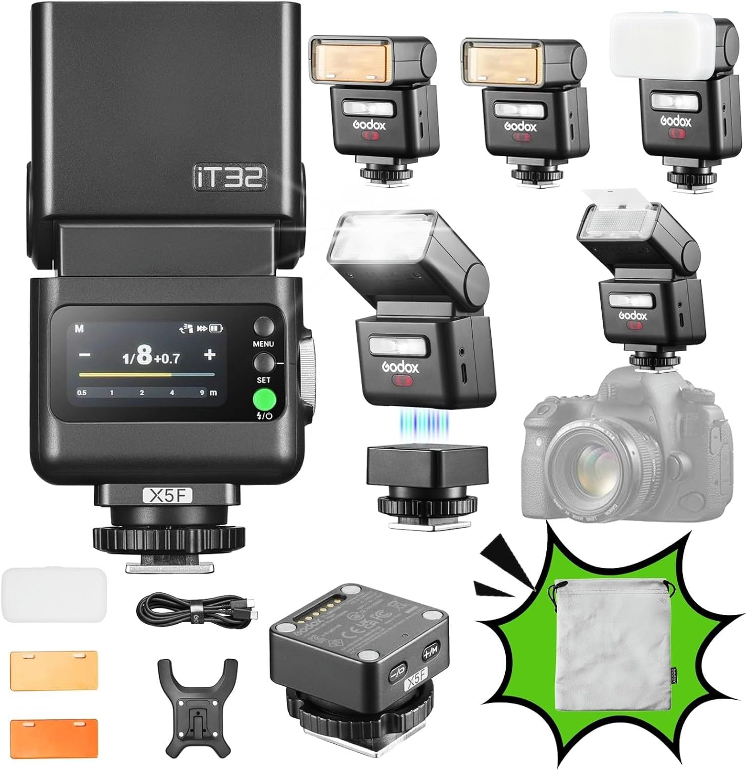 Godox iT32 TTL Flash per Fuji con Trigger Wireless X5-F, 2.4G HSS 1/8000s | Touchscreen & LED, Compatibile con Fujifilm X100VI X-E5 XT5 X100V X100T XS20 XS10 XT30II XM5 GFX50S GFX50R XT4 XT3 GFX100RF | Touchscreen & LED, Compatibile con Fujifilm X100VI X-
