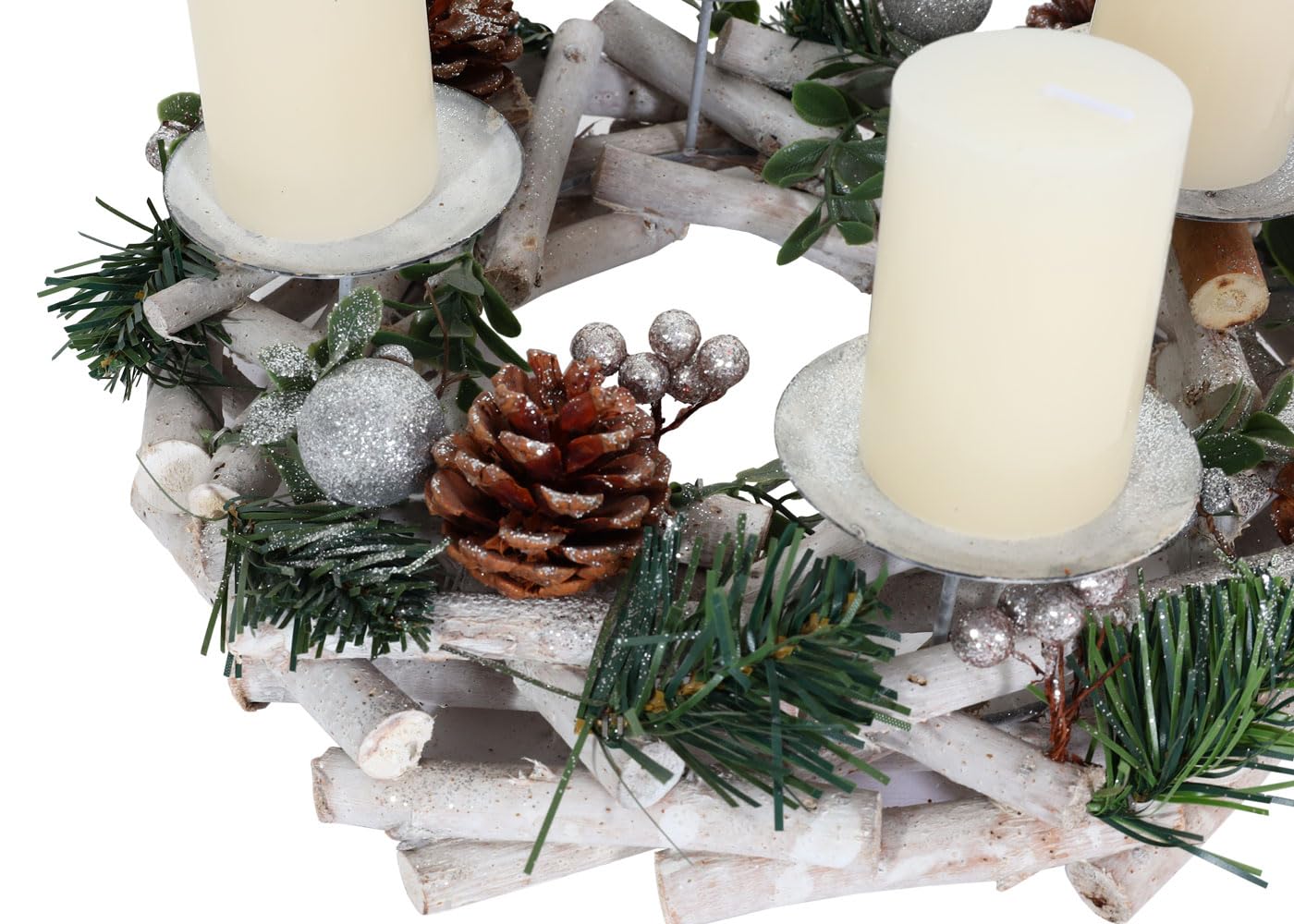 Corona de Adviento HWC-M12, arreglo de Adviento, corona de mesa, decoración navideña para la mesa, corona de madera plateada y blanca de 30 cm de diámetro - con velas