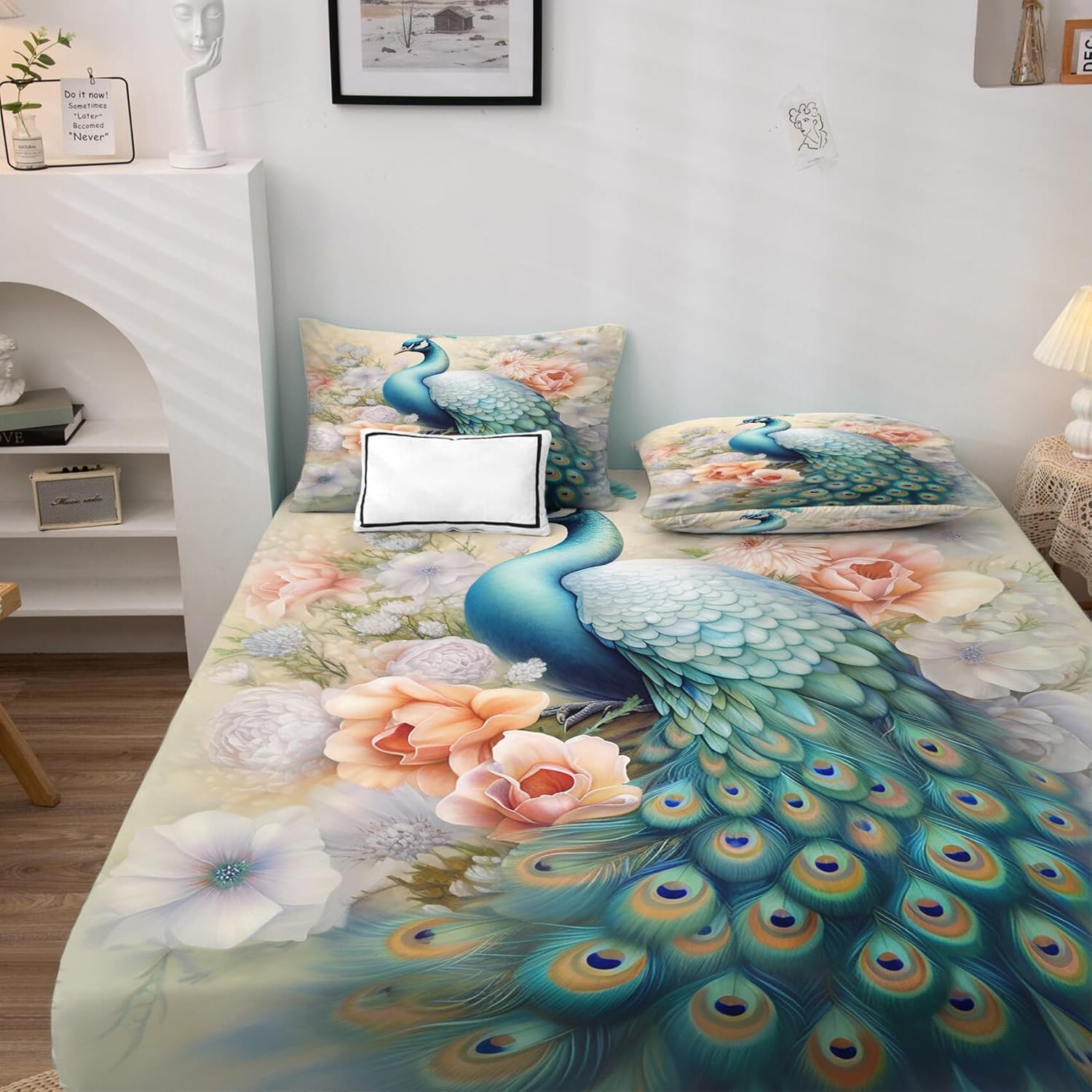 Peacock and Floral Sheets California King Size - Oriental Bed Sheets, Soft Microfiber & Deep Pocket & Wrinkle Free Patterned Bedding Sheets & Pillowcases, 1 Fitted Sheet, 1 Flat Sheet, 2 Pillow Cases