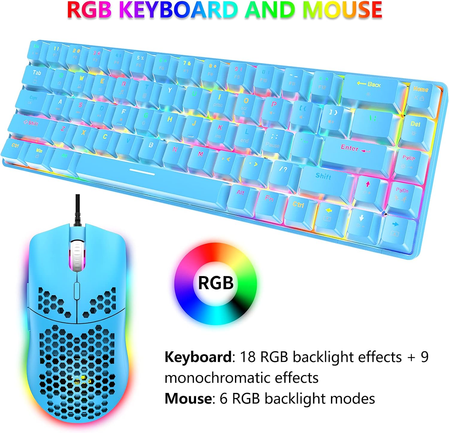 RGB Gaming Keyboard and Mouse Set, 68 Keys Blue Switch 60% Mini Chroma Mechanical Keyboard, 6400DPI Honeycomb Lightweight Optical Mouse, USB Wired, Compatible with Windows Mac PS4 XBox, Blue image 2