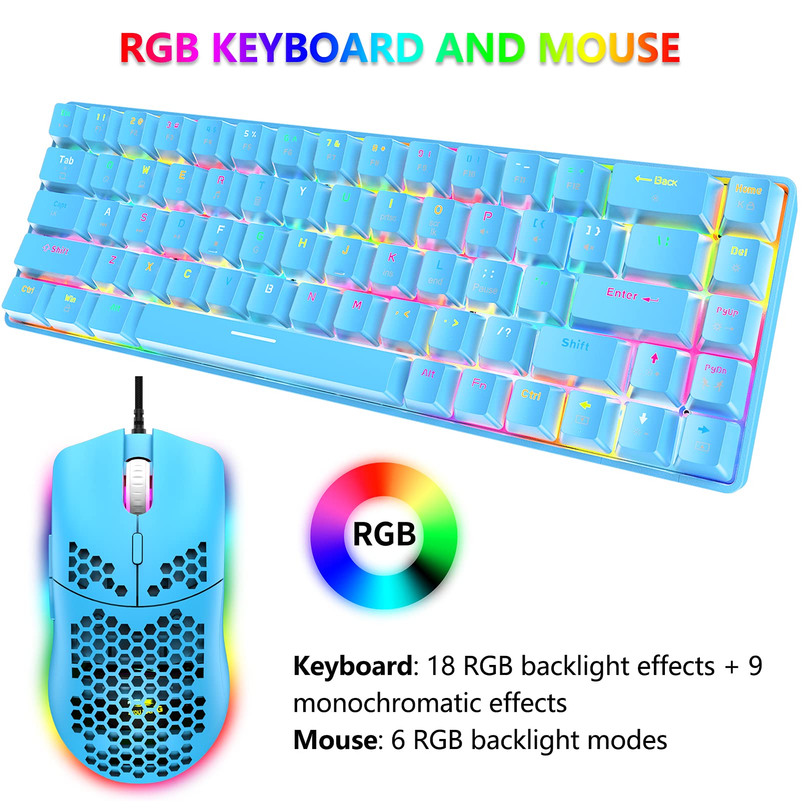 RGB Gaming Tastatur und Maus Set, 68 Tasten Blauer Schalter 60% Mini Chroma Mechanische Tastatur, 6400DPI Leichte Optische Waben Maus, USB-Kabel, Kompatibel mit Windows Mac PS4 Xbox, Blau