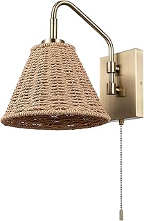 Electric x Novogratz 65000052 1-Light Wall Sconce, Matte Brass Finish, Rattan Shade, On/Off Pull Chain Switch, Home and Office Decor, Modern Lighting for Living Room, Bohemian