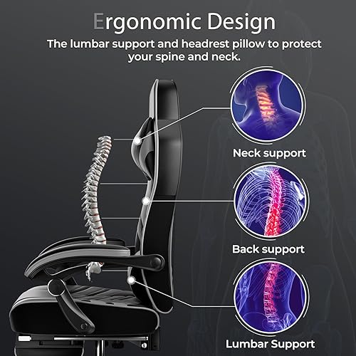 Miniatura 4 de POWERSTONE Silla para videojuegos, silla de videojuegos con reposapiés y soporte lumbar, estilo carreras, silla de computadora de piel sintética,