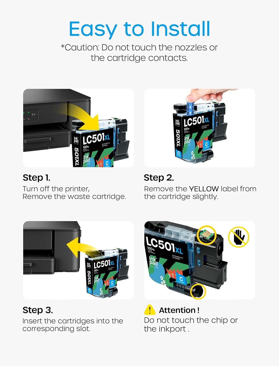 Compatible with LC501 XL Ink Cartridges LC-501 XL LC501XL Ink Cartridges Work for Brother MFC-J1360DW, MFC-J1410DW, MFC-J1260DW Printer High Yield 4-Pack Black, Cyan, Magenta, and Yellow