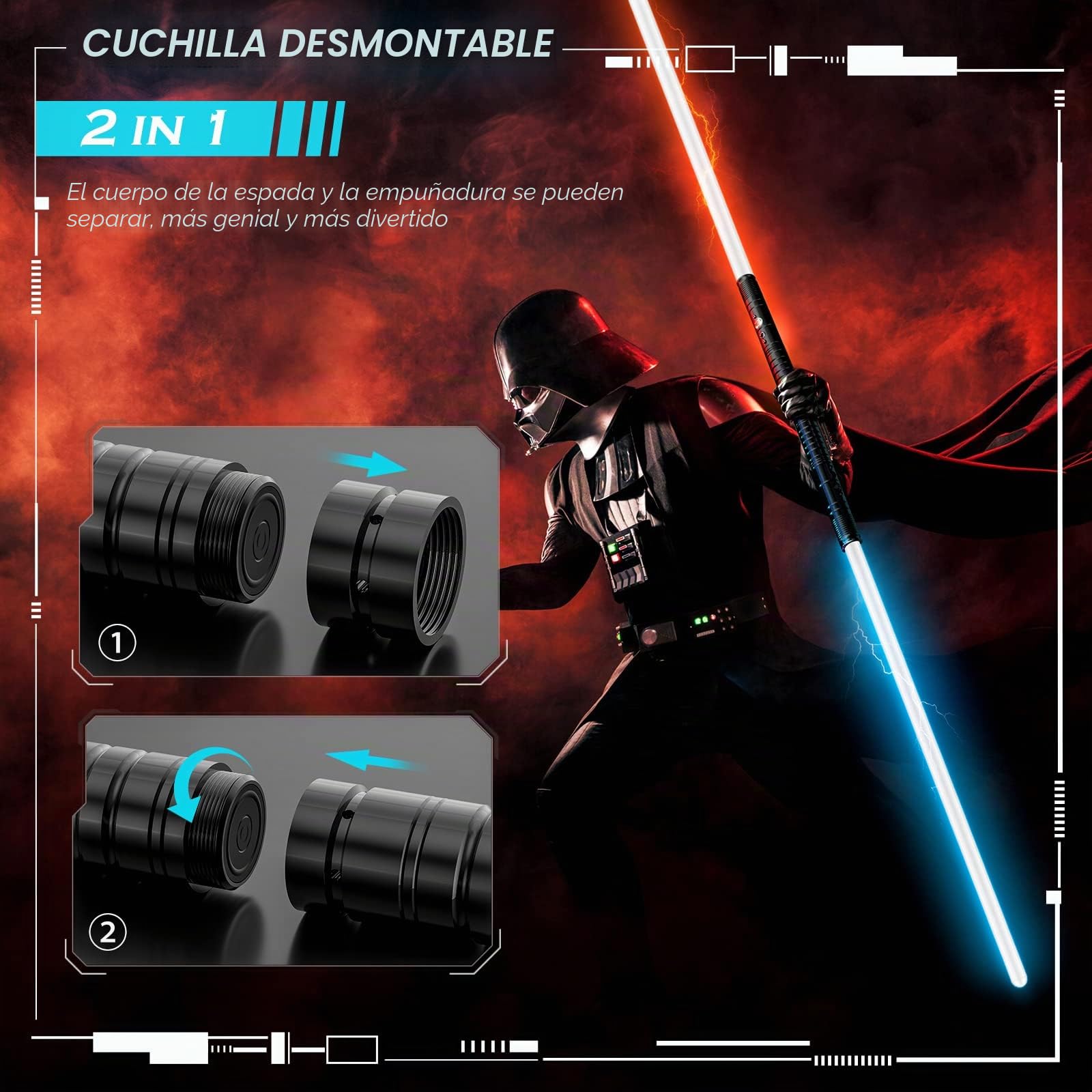 Sable de luz de doble hoja RGB 7 colores cambiables con sonido metal Hilt luz sable fuerza FX dueling sable de luz juguete para niños regalo (2pcs-negro)