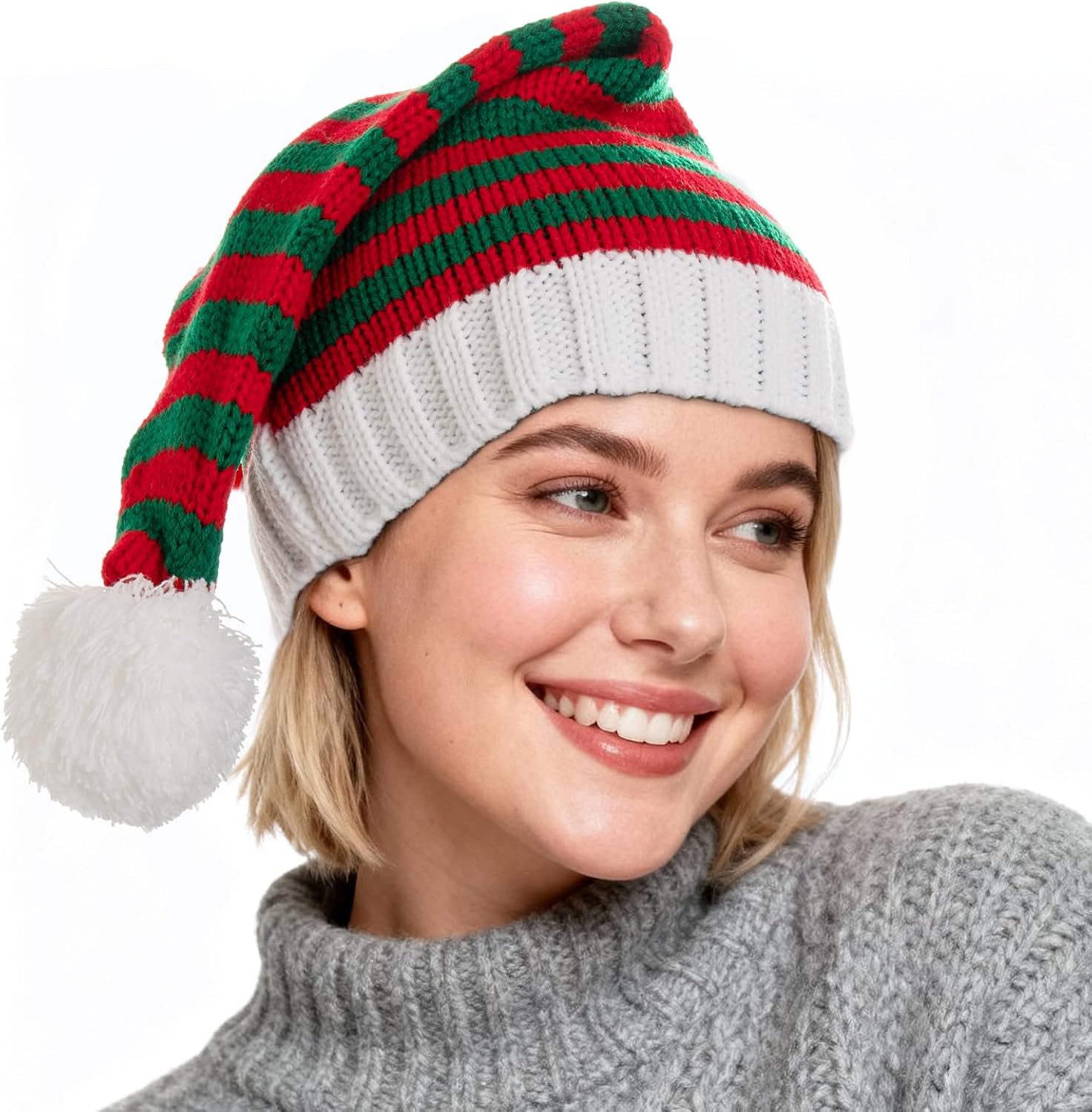 Striped Knitted Santa Hat Red Christmas Cap for Adults Men Women | Classic Striped Knitted Santa Hat with Soft Stretch Fit, Perfect for Adult Christmas Parties and Holiday Events
