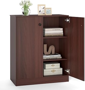 LOKO 2-Door Storage Cabinet, Modern Floor Cabinet with 3-Tier Shelf, Freestanding Side Cabinet with Anti-Toppling Device, Storage Organizer for Living Room, Kitchen, Dining Room, Entryway Brown