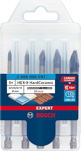 Miniatura 2 de Bosch 5X Expert HEX-9 - Juego de brocas de cerámica dura (para baldosas duras, baldosas blandas, Ø 0.157-0.394 in, taladro de impacto
