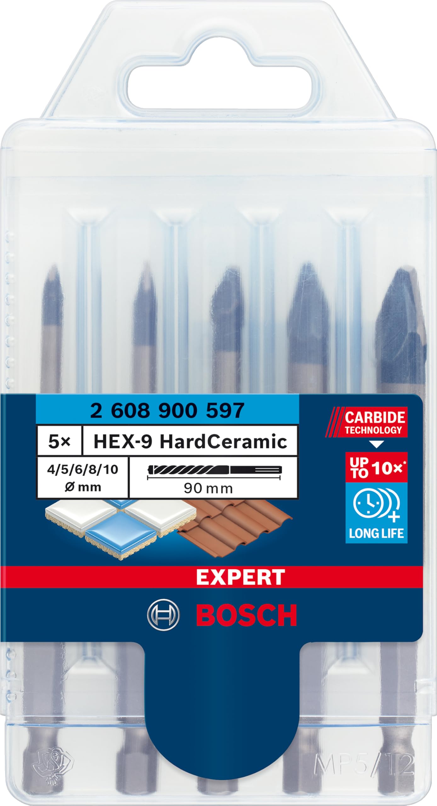Bosch 5x EXPERT HEX-9 Hard Ceramic Bohrerset (für Harte Fliesen, Weiche Fliesen, Ø 4,0, 5,0, 6,0, 8,0, 10,0 mm, Professional Zubehör Schlagbohrer, Schrauber, Bohrmaschine)