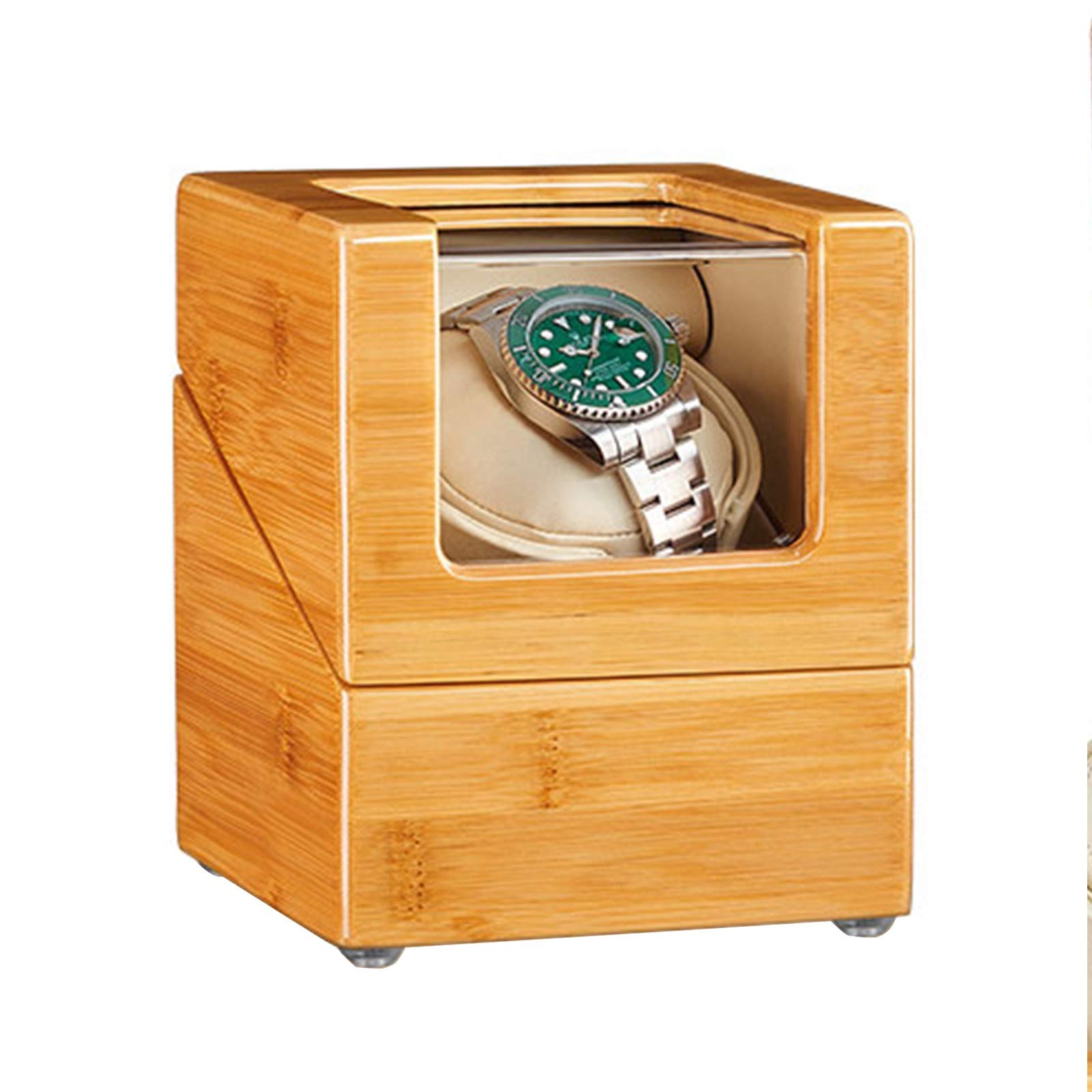 Jlxl Bamboo Wood Automatic Single Watch Winder Box 5 Rotation Mode Dual Power Supply Flexible Watch Pillow for Most Watch