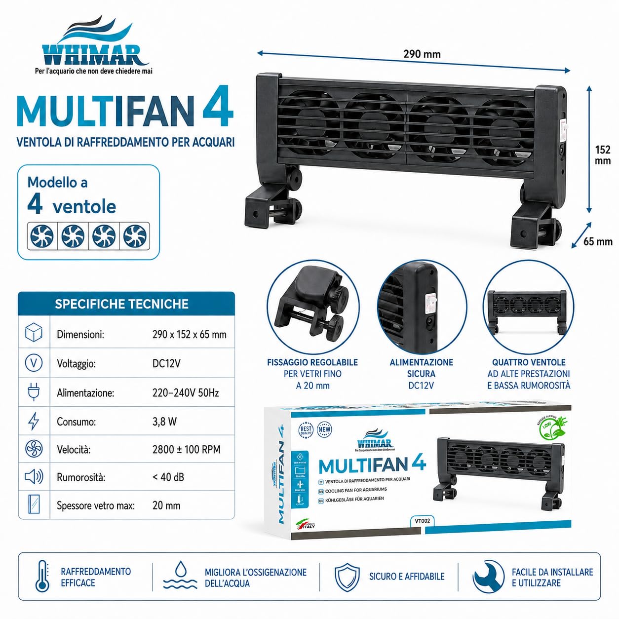 Whimar MultiFan 4 Ventole di Raffreddamento per Acquario, Sistema 12V a 4 Ventole, Basso Consumo 3,8W, Silenzioso <40 Db, per Acquari Aperti, Supporto per Vetro Fino a 20 mm