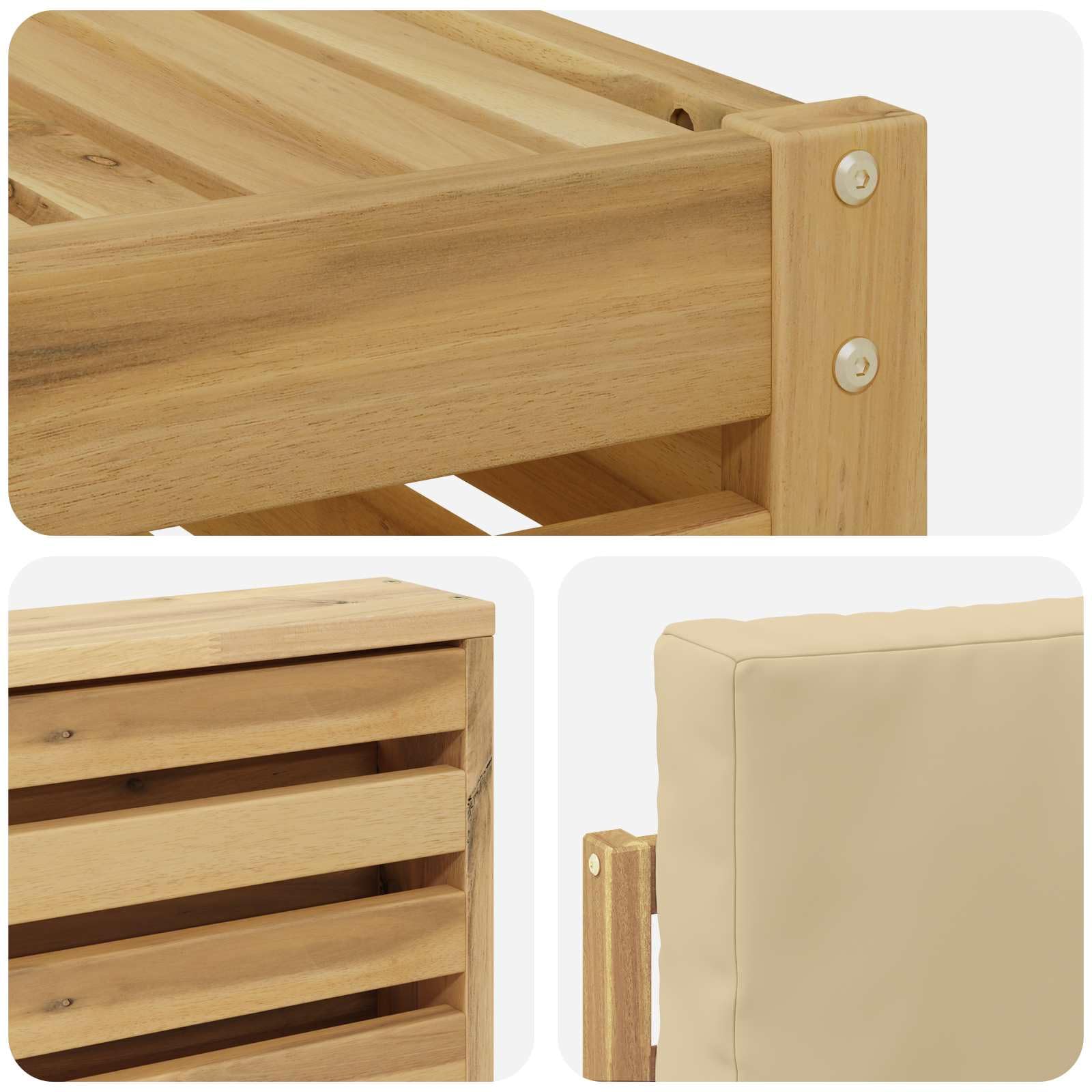 Juego de 6 sofás de exterior de madera maciza de acacia para terraza y jardín, diseño modular resistente a la intemperie, con 6 asientos, incluye cojines y respaldos acolchados