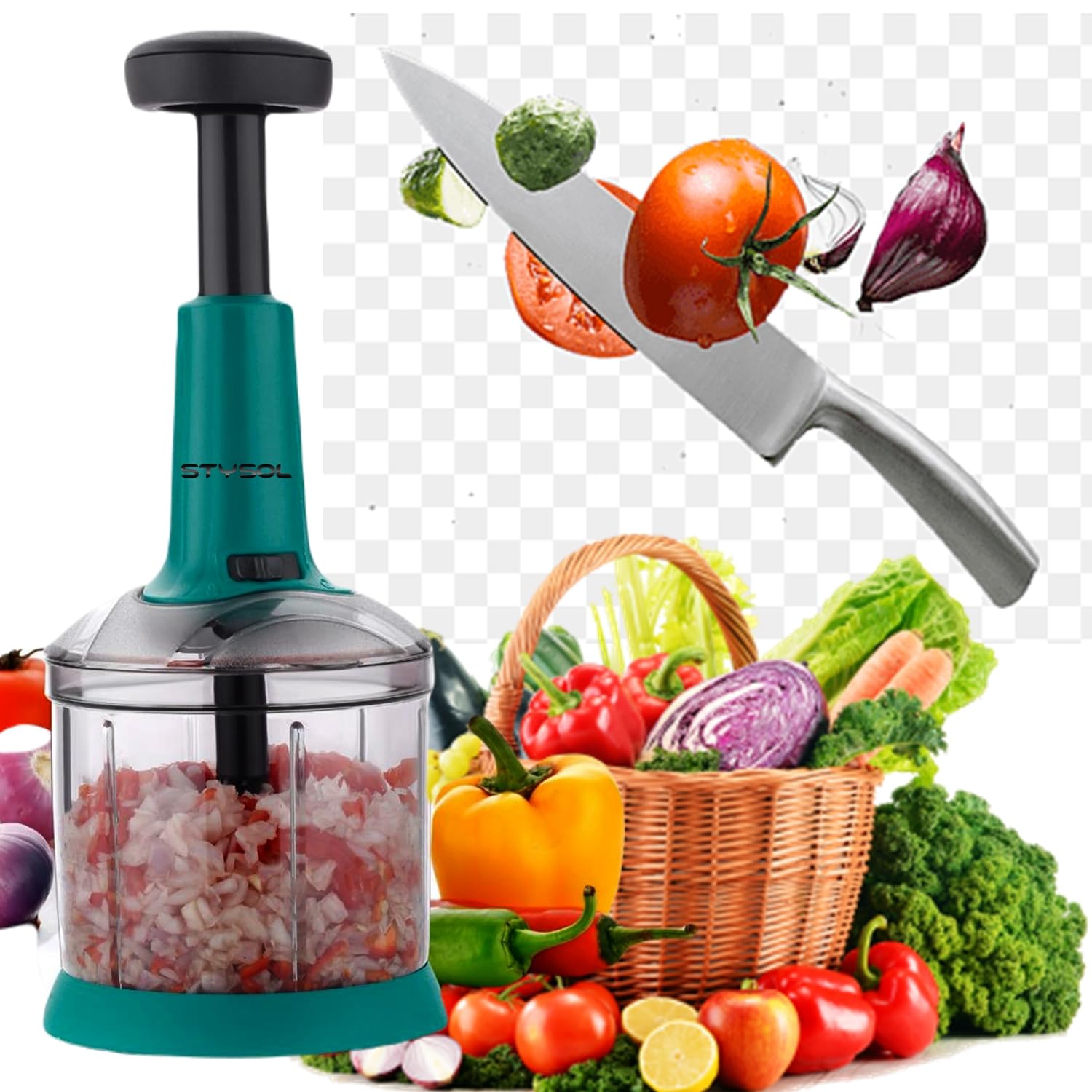 Stysol Easy to Use Hand Press Fruits and Vegetable Push Chopper 1100ml for Kitchen 4 Sharp Stainless Steel Blades, Unbreakable Food-Grade Plastic, Anti-Slip Base, Made in India