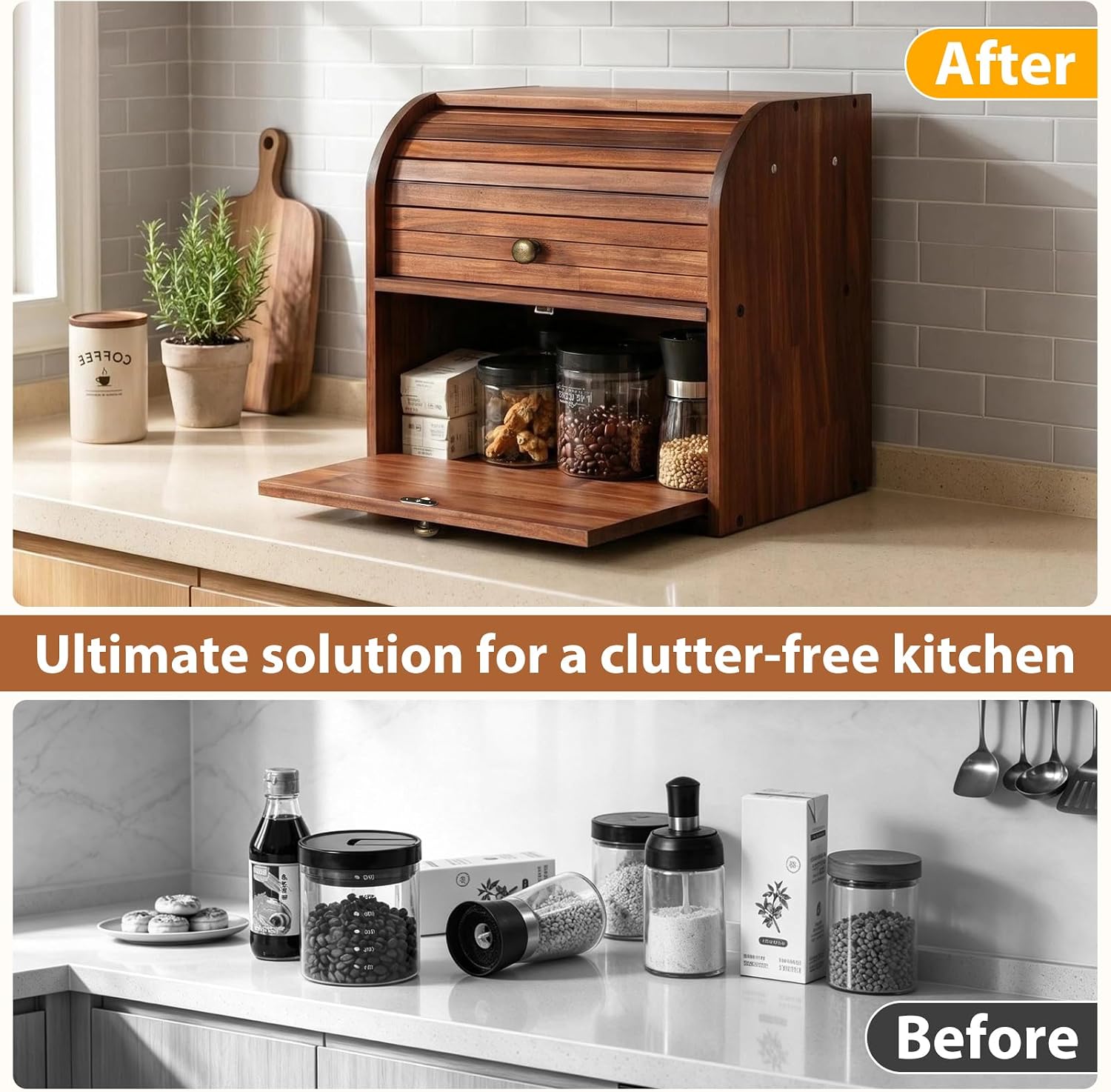 Sunhoo Wooden Bread Box for Kitchen Countertop, Roll Top Breadbox, Brown | Large Double Layer Pantry Container, Solid Wood with Cutting Board, Fresh Homemade Sourdough Bin Cabinet, Vintage Farmhouse